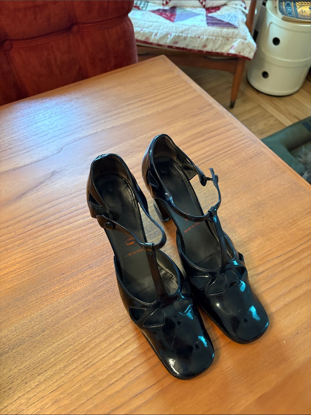 Vintage Miu Miu Black Patent T-Strap Women's Heels